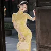 Etnische kleding Mandarijn kraag korte mouw geel elegante dame Cheongsam Chinese stijl zomerbloesem print Qipao dagelijkse bruiloft