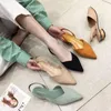 Casual Shoes Flock Elastic Band Sandals Women Cover Toe Slingback Sandalias Mujer 2024 Pointed Low Wood Hoof Heels Sandales Ladies