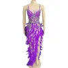 new Sexy Purple Sequins Crystals Feather Lg Dr Women Dancer Team Latin Modern Dance Costume Nightclub Bar Party Stage Wear w4sb#