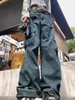 Women's Jeans Washed Pocket High-rise Straight-leg American Retro Street Wide Leg Overalls Harajuku Style Hip Hop Y2k Trousers