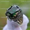 Band Rings Retro Handmade Turkish Signet Rings for Men Ancient Silver Color Carved Ring Mystic Zircon Inlay New Punk Motor Biker Ring T240330