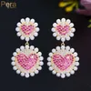 Dangle Earrings Pera Romantic Love Heart Charm CZ Gold Color Long Round Drop Around Simulated Pearls Enagagement Jewelry For Women E787