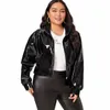 Zip Up Patent Leather Jacket för kvinnor, LG-ärm, avslappnad, PU Turn-down-krage korta rockar Outwear Motorcykeljacka plus storlek 18LI#