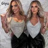 Kvinnors t-shirt giyu sexig nattklubb strass skörd topp kvinnor camis metall ljus diamantkedja hängande nacke glitter glitter topp kvinnlig camisole j240330