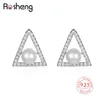 Boucles d'oreilles en argent Sterling 925, coquille imitation perle ronde, pierres précieuses Triangle en Zircon pour femmes, bijoux fins exquis