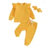 Ensembles de vêtements bébé fille tenues d'automne couleur unie col rond manches longues sweats pantalons bandeau 3 pièces ensemble de vêtements