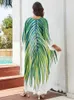 boho Plus Size Women Clothing Green Plant Leaf Printed Kaftans Beach Wear Dr Slit Sarg Autumn Bathing Suit Cover Up Q1588 44Tq#