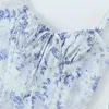 Robes décontractées 2024 Sangle d'été pour femmes Robe mi-longue à lacets en porcelaine bleue et blanche imprimée