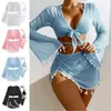 Kvinnors badkläder Mage Control Bikini Set 4st/Set Lace Up Halter Swimsuit Cover Top med kjol sexig för kvinnor bad