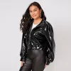 Zip Up Patent Leather Jacket för kvinnor, LG-ärm, avslappnad, PU Turn-down-krage korta rockar Outwear Motorcykeljacka plus storlek 18LI#