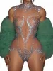 Sparkly Rhinestes Justaucorps pour femmes Sexy Mesh Voir à travers la danse Performance Costume Chanteur Danseur Stage Body Club Wear 83Mk #