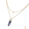 Pendant Necklaces Fashion Natural Gemstone Pendants 18K Gold Necklace Rose Quartz Healing Crystals Double Layer Crescent Jewelry For D Dhqzw