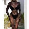 Ensemble sexy femmes lingerie exotique collants résille bodystocking sexy combinaison à manches longues maille sangle creuse bas collants dentelle body Y240329