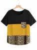 plus Size Elegant Summer Short Sleeve Casual T-shirt Women Color Blocked Pocket Frt Leopard Yellow Tops Large Size Tee 7XL 8XL h9yk#