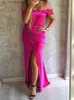 Runway Dresses Romagic Women Fuchsia Off The Shoulder Strapless Padded Backless V Neck Pleated Split Satin Stretch Wedding Party Dress Summer T240330