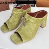 Chinelos de pele de avestruz chunky slides mulheres metal bloqueio peep toe salto alto mules senhoras camurça sandálias verão vestido sapatos mulher 2024