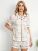Heimkleidung Frauen Sommer Kawaii 2 Stück Pyjamas Sets Kurzarm Brot -Druckknopf Hemd Tops Shorts Loungewear