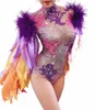 Dropship Nightclub Bar Party Outfit Performance Dance Costume Colorful Feather Sleeve Rhineste Bodysuit P58Z#