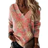 Damen Blusen Loose Fit T-Shirt Herbst Vintage Muster Pullover Tops V-Ausschnitt Sweatshirt für Casual Streetwear 3 Jahre