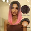 Wigs Short Straight Pink Synthetic Wigs Dak Root Ombre Shoulder Length Middle Part Hair for Black Women Cosplay Party Heat Resistant
