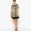 Plus-storlek Peter Pan Collar Summer Casual Leopard Dr Kvinnor Kort ärmfärg Blockerad Tunic Dr Large Size T-shirt Tee Dr C4RI#