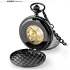 Montres de Poche Double Couverture Ouverte Design Rabat Lisse Steampunk Noir Main Vent Montre Mécanique Cadran à Chiffres Romains avec Chaîne Joli Cadeau de Noël