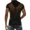 Mode Mit Kapuze Tops Männer Sexy Durchsichtig Aushöhlen Atmungsaktive T-shirts Strand Casual Kurzarm Herren Mesh T-shirts Streetwear 240321