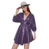 Robes décontractées Cuir verni brillant Deep V-Col Mini Robe Femmes Sexy Faux Latex Puff Manches Moulante Dames Wet Look PVC Clubwear Personnalisé