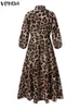 Casual Dresses Summer Elegant Dress 2024 Vonda Bohemian Women Leopard tryckt lång lykta ärm Loose V Neck Party Robe Femme