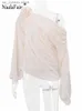 Damen T-Shirt Naair Chiffon Frauen Elegante Hemden Schulterfrei Sexy Gefaltete Lange Slve Tops Frühling 2024 Blume Y2K Strtwear Pullover T240330