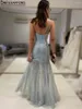 Robes de soirée bleu clair illusion haute fente robe de soirée de Dubaï sirène une épaule cristal pailleté plissé saoudien arabe robe formelle