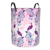 Laundry Bags Folding Basket Peacocks Pattern Pink And Purple Round Storage Bin Large Hamper Collapsible Clothes Toy Bucket Organizer