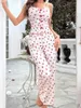 家庭用服の女性セクシーな薄手のメッシュラウンジウェアパジャマセットチェリーハートプリントキャミトップ