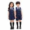 Navy School Suits For Girls Children Summer Kindergarten Primary School Uniform for Boys Vest Shirt Shorts 5 PCS Set kläder H95H#