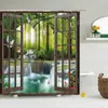 Tende da doccia Tenda da bagno Stampa 3d Finestra Scenario Foresta 180/200 cm Tessuto lavabile per bagno impermeabile con ganci