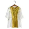 large Womens 2022 summer color blocking lace patchwork Shirt Short Sleeve yellow loose Plus Size T-shirt 3XL 4XL 5XL 6xl B1uU#