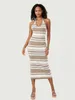 Casual Dresses Wsevypo Summer Striped Knit Beach Midi Dress For Women Fashion Backless Sleeveless Halter Tie-up Wrap Bodycon Tank