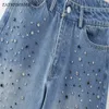 Dames Jeans ZATRHMBM 2024 Damesmode Kunstmatige Diamant Instelling Recht Vintage Zijzakken Hoge Taille Vrouwelijke Broek Mujer