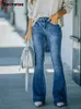 Jeans femininos eotvotee leve estiramento para mulheres cintura alta vintage emendado flare calças moda casual streetwear chique magro denim pant