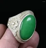 Decorative Figurines 3CM Rare China Miao Silver Green Gems Bat Flower Jewelry Finger Ring