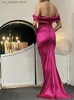 Runway Dresses Romagic Women Fuchsia Off The Shoulder Strapless Padded Backless V Neck Pleated Split Satin Stretch Wedding Party Dress Summer T240330