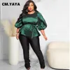 cm.yaya Women Plus Size T-shirts Solid Puff Half Sleeve O-neck Loose Bandage Ses Maxi Tops Fi Office Lady Clothes Summer u4LQ#