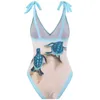 Damskie stroje kąpielowe 2024 Modna odzież plażowa koronka w jednym kawałku żółwie nadrukowane kostiumy kąpielowe Kombinezon pływania Push Cathing Cover YQ240330