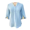 Damesblouses Elegant V-hals Button Splice Chiffon Shirt Dames Effen Kleur Halve mouw Pullover Blouse Zomer Casual Commuter Female Tops