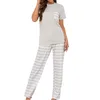 Startseite Kleidung Damen-Pyjama-Set mit Rundhalsausschnitt und kurzen Ärmeln, gestreift, bedruckt, Kordelzug, Hose, modische Bluse, 2024