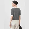 Strictly Selected Kurzarm-T-Shirt aus Seide für Damen im Sommer, elegant, kontrastierender Rundhalsausschnitt, Maulbeere