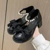 Dress Shoes Bow Knot Thick Heel Black Small Leather Women 2024 Summer Girl Retro British Style All-match Simple Single