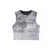 Débardeurs pour femmes ReddaChic Imprimé métallique Crop Top Summer Gilet sans manches Feuille d'argent Ajusté Réservoir de coton côtelé Rétro Y2K Streetwear