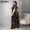 cm.yaya plus size size 넥타이 염료 메시 보이지만 퍼프 짧은 슬리브 하이 스플릿 스플릿 스타일 블라우스 셔츠 상단 여름 스프링 b4bw#