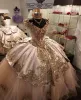 ドレスピンククリスタルQuinceanera v Neck Lace Applique Beaded Seveless Bow Satin Tulle Corset Back Sweet 16 Princess Skirt Prom Ball Gown Vestidos BC18501